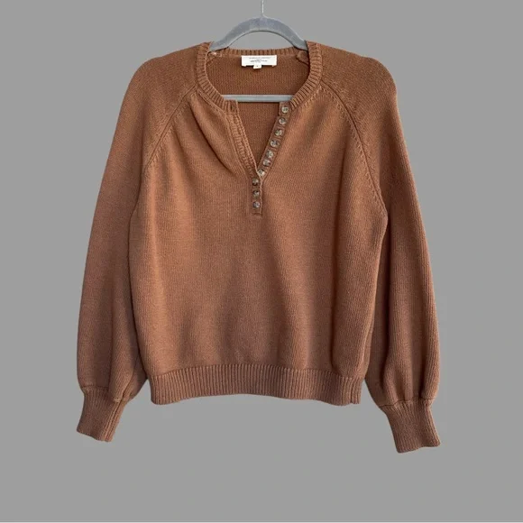 SEZANE Tan Brown Organic Cotton Button Balloon Sleeve Sweater Leontine Jumper - Picture 2 of 13